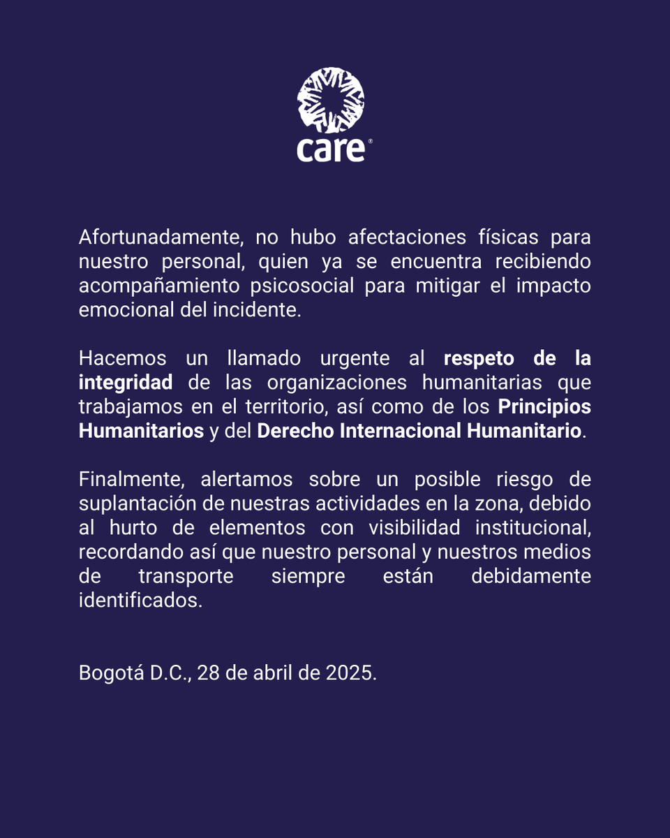 CAREColombiaONG's tweet photo. Comunicado incidente de Seguridad. El viernes 25 de abril/2025 un equipo de #CAREColombia fue abordado por personas armadas no identificadas mientras se desplazaban en un vehículo institucional, debidamente identificado, entre los municipios de Suárez y Timba, #Cauca. 🧵 https://t.co/JJOMwo3VE5