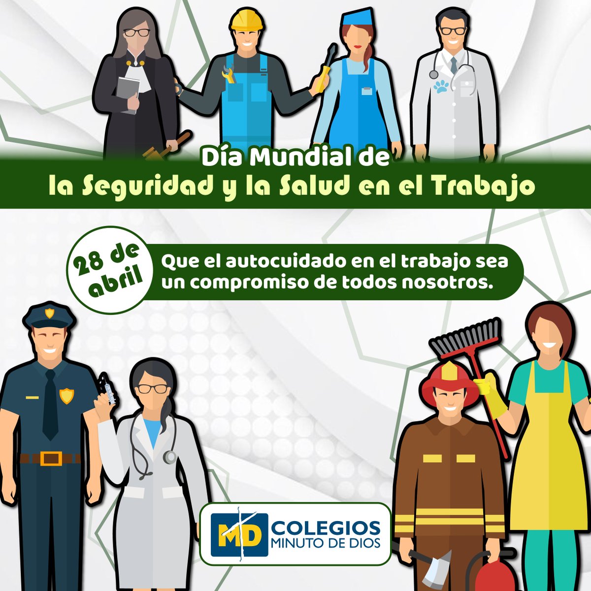Colegiosminuto's tweet photo. 👷‍👩‍👮‍ Hoy celebramos el Día Mundial de la Seguridad y la Salud en el Trabajo 🛡✨
Porque cuidarnos es un compromiso de todos.
SeguridadYSalud
#DíaMundialDeLaSeguridad
#TrabajoSeguro
#SaludEnElTrabajo
#CulturaDelCuidado
#ColegiosMinutoDeDios https://t.co/vkBRS0csQi