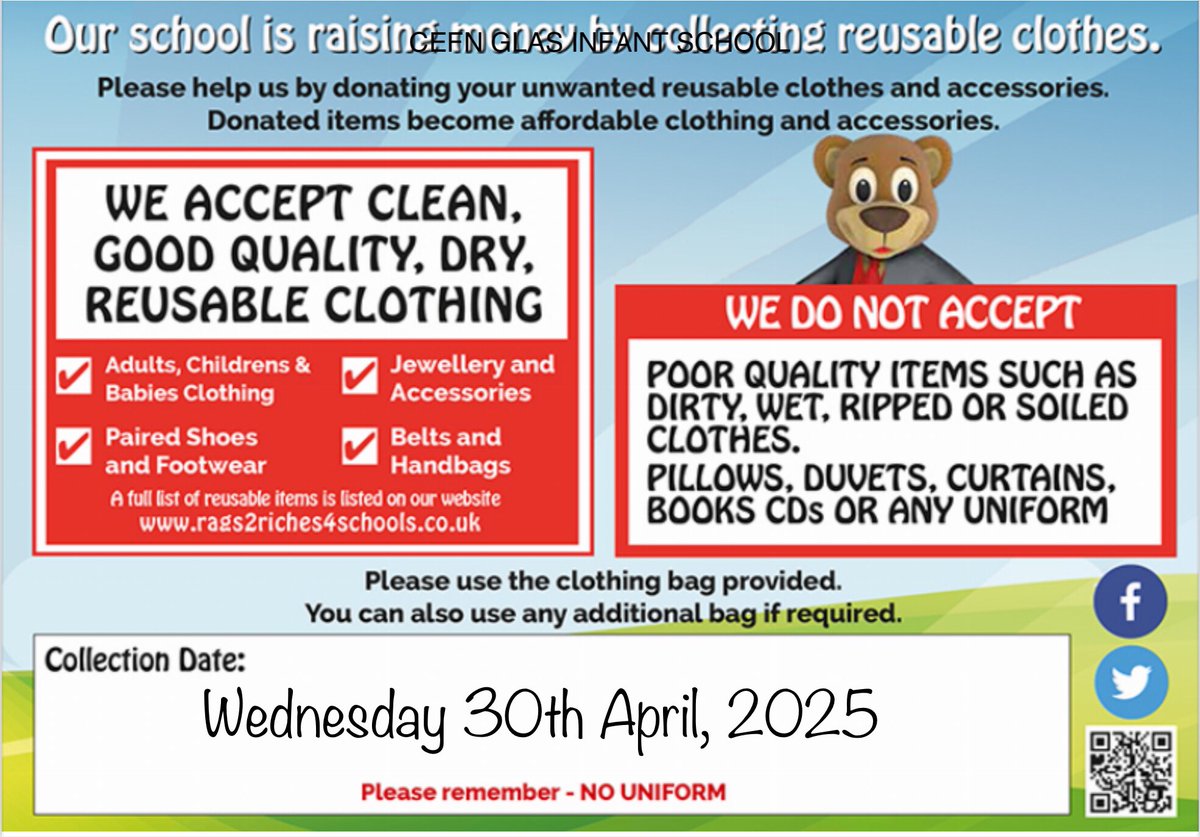 ♻️Don’t forget to bring your bags of good condition clothes, shoes and accessories to school on Wednesday! ♻️ Remember to spread the word to family and friends incase they would like to donate to!  ♻️🌍