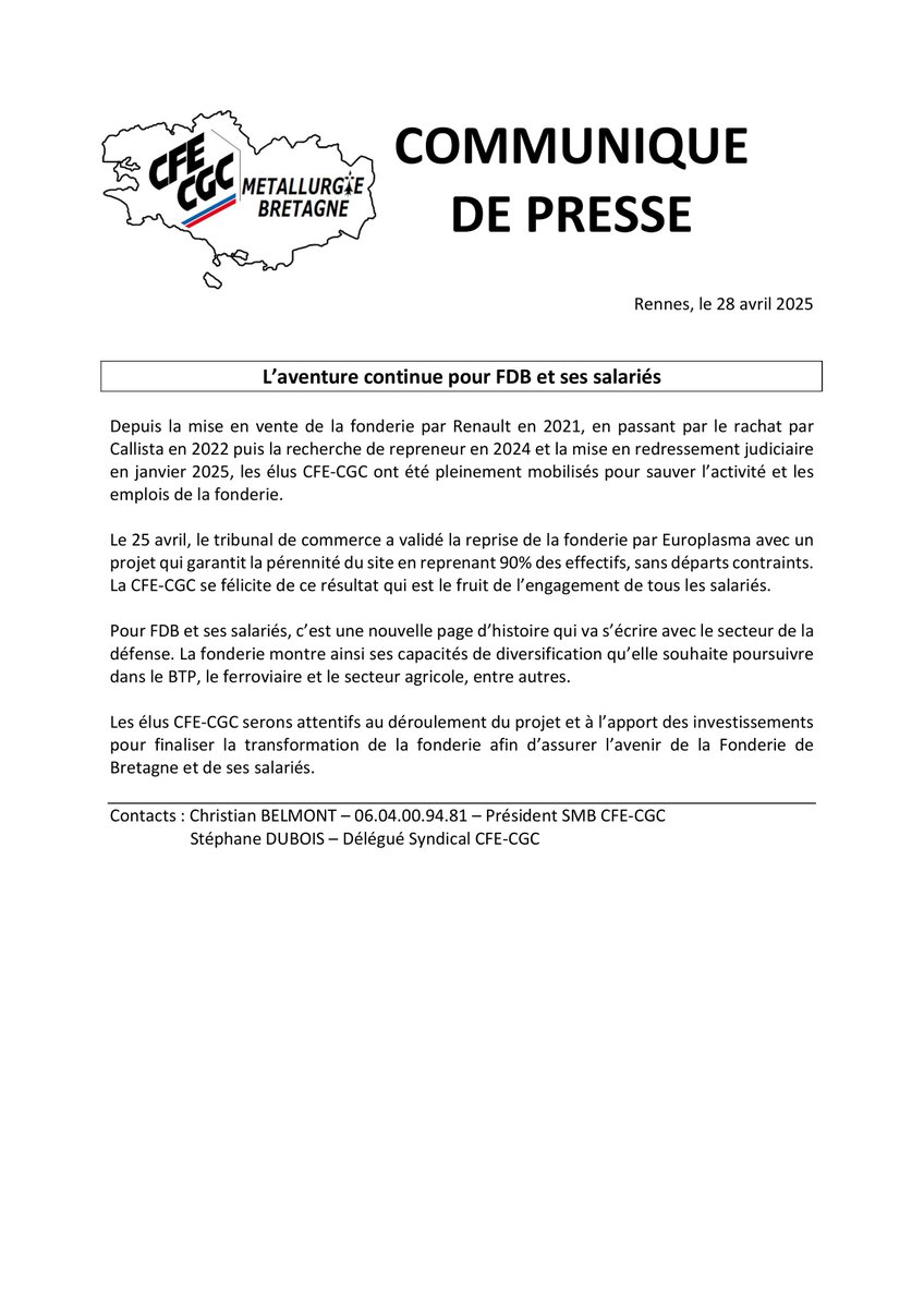 Métal.Bret. CFE-CGC (@smb_cfecgc) on Twitter photo L'aventure continue pour la Fonderie de Bretagne et ses salariés. Reprise confirmé par Europlasma
<a href="/Metalcfecgc/">Métallurgie CFE-CGC</a> L'aventure continue pour la Fonderie de Bretagne et ses salariés. Reprise confirmé par Europlasma
<a href="/Metalcfecgc/">Métallurgie CFE-CGC</a>