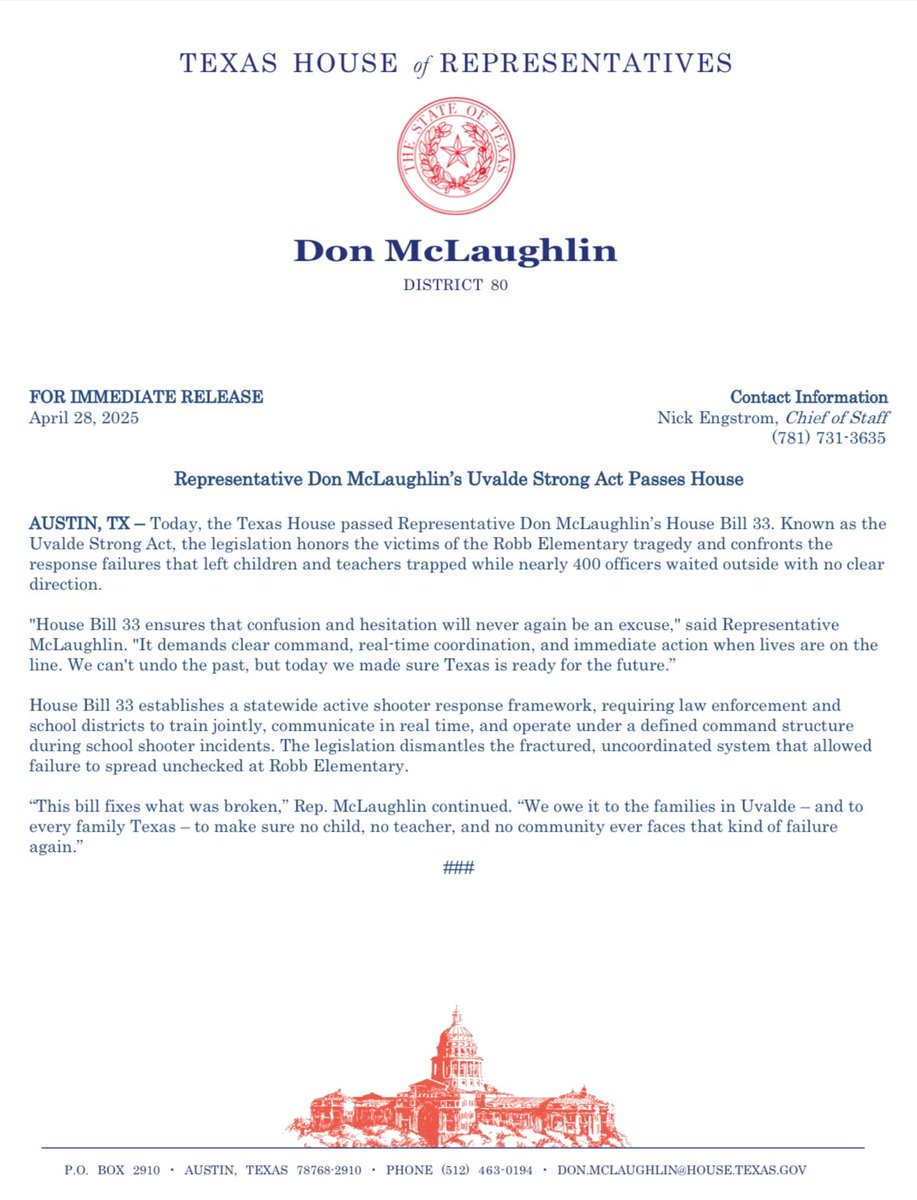 donfortexas's tweet photo. My first bill, the Uvalde Strong Act, just passed the House unanimously! Proud to fight for Texas families. #txlege #HB33 https://t.co/e8UV57sa6j