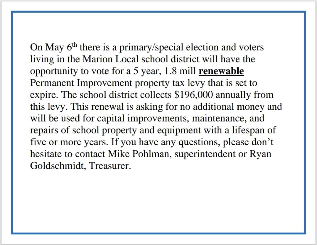 Information for the Marion Local Permanent Improvement levy on May 6th.