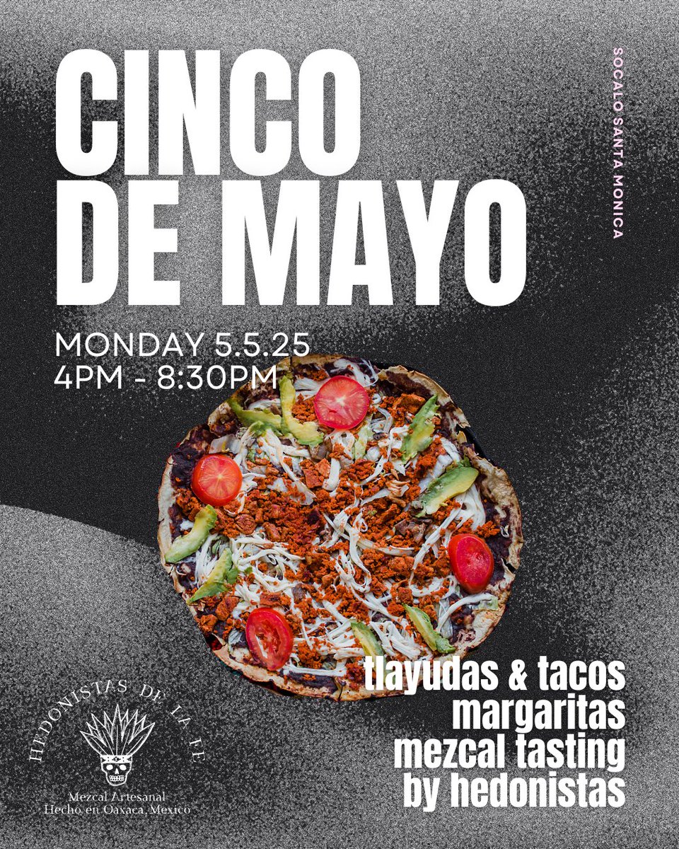 We're open Monday, May 5th for Cinco de Mayo!

At lunch our Quick Catering is for perfect for group meals, office meetings, or get togethers! 

Starting at 4pm, join us for tacos, margaritas, Hedonistas Mezcal tasting &amp; tlyaudas!

#socalo  #cincodemayo  socalo.com