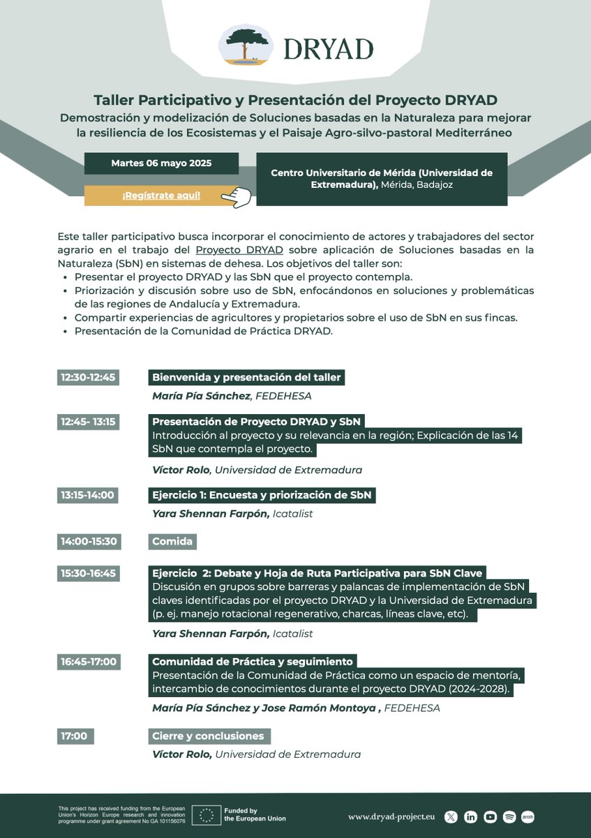 🌱 ¡El #ProyectoDRYAD llega a Extremadura!
📅 6 de mayo
📍 Universidad de Extremadura
👉 Presentaremos soluciones basadas en la naturaleza (NbS)
👉 Compartiremos experiencias de campo
👉 Construiremos la Comunidad de Práctica DRYAD 🌍
-&gt; acortar.link/T70KWx
#DRYAD #FEUGA