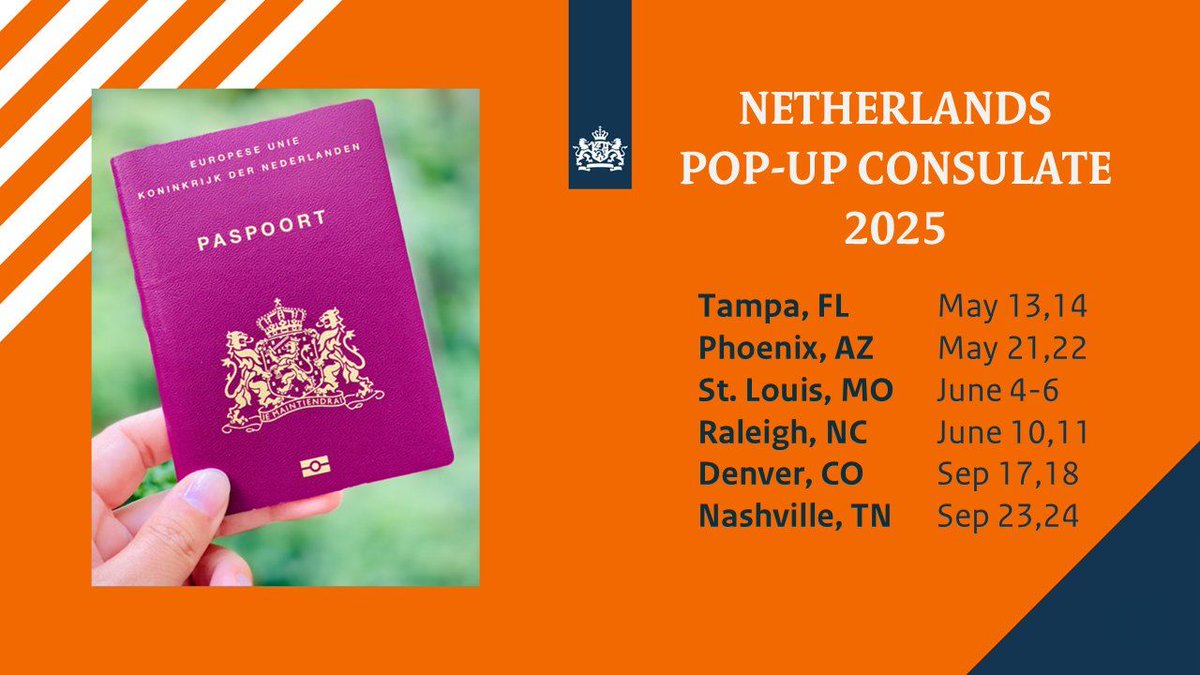 🚨🇳🇱 Dutch nationals  in Missouri, southern Illinois, and the rest of the Midwest—there will  be a pop-up consulate in St. Louis this June where you can renew your  Dutch passport!

Learn more and sign up for an appointment here: netherlandsworldwide.nl/passport-id-ca…