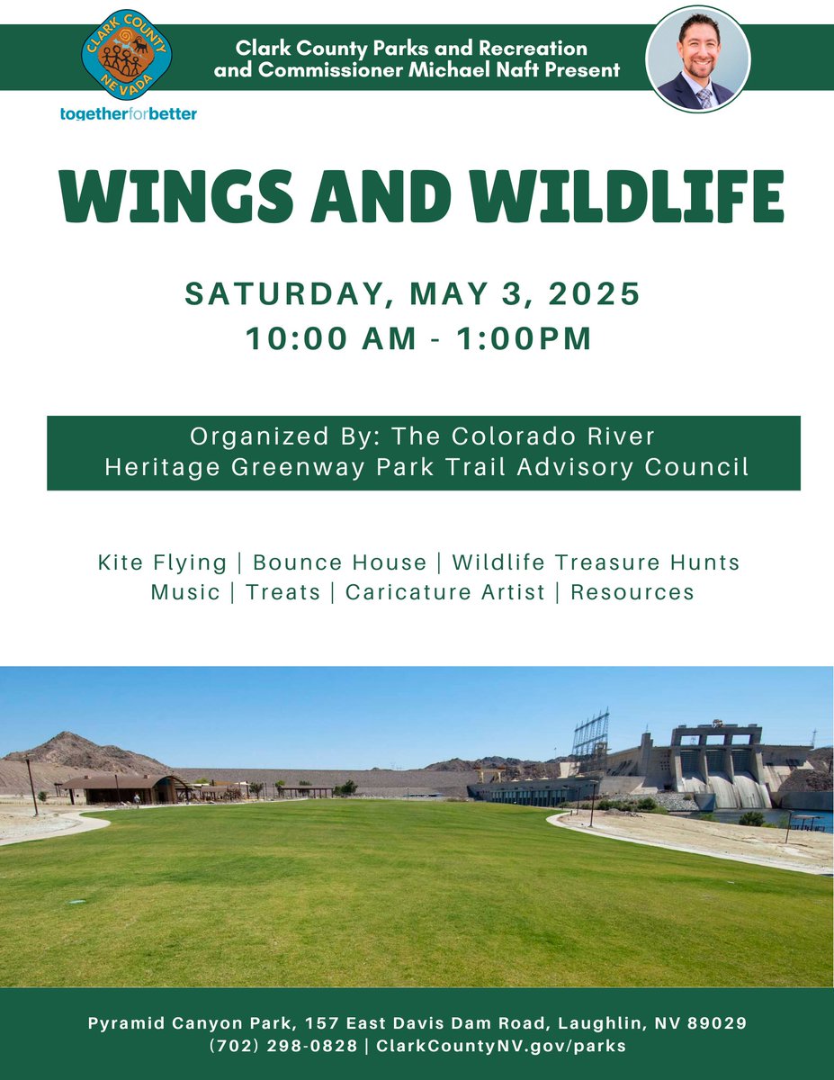CommishNaft's tweet image. Wings and Wildlife is taking place in #Laughlin on Saturday, May 3 🦅 Stop by Pyramid Canyon Park for a day of fun activities @ClarkCountyPark