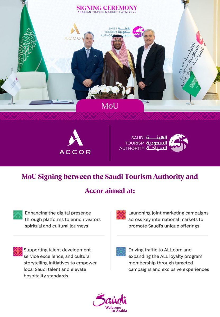 SaudiTourism's tweet photo. #SaudiTourismAuthority signed a landmark MoU with Accor at the #SaudiLand during #ATM2025, to accelerate Saudi’s tourism growth, elevate guest experiences, and reinforce the Kingdom’s global positioning. https://t.co/TiNS4aMKOR