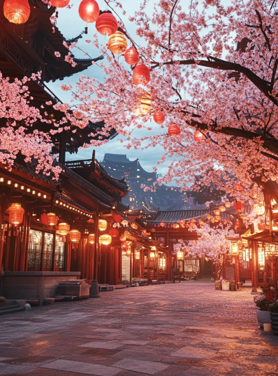桜が咲き、提灯が揺れ、霧が立ち込めた夜の街は、古代オリエントの幻想的な世界にタイムスリップしたようです。あなたもこの街で散歩したいかどうか、その静けさとロマンチックを感じます🌸🌸