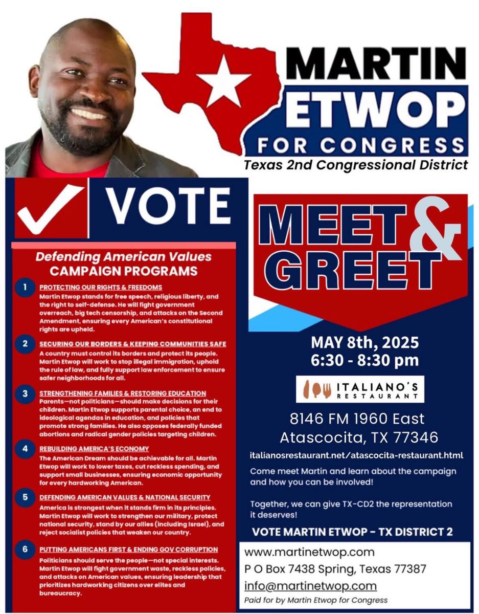 MartinEtwopTX2's tweet photo. Join us at the next meet-and-greet with @MartinEtwop  - Italiano's 5/8/25 - 6:30pm to 8:30pm

The foundation of a republic is trust between the people and their representatives. Texas reminds us: when that trust is broken, it must be restored.

See You There!🇺🇸

#EtwopForTX2 https://t.co/ywECjeUhRX