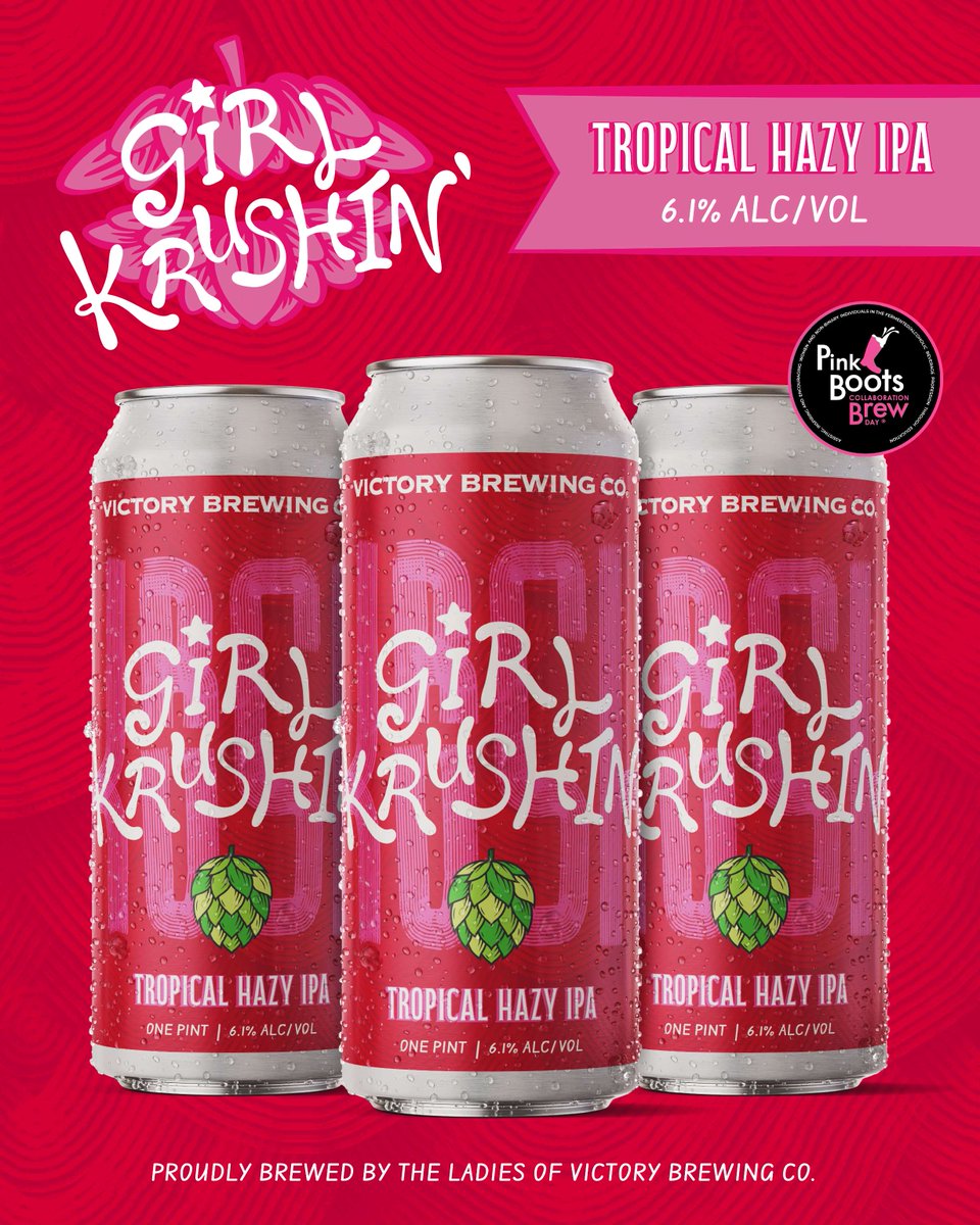 Crafted by the women of Victory on behalf of the Pink Boots Society, Girl Krushin' is a 6.1% Tropical Hazy IPA loaded with Yakima's Pink Boots Hop Blend—Krush, Mosaic, Simcoe, and Chinook— and notes of juicy stone fruit and ripe pineapple. Available at all VBC Taprooms on 4/25.