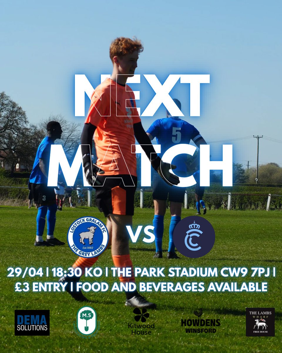 It’s a midweek match day as we host Crewe FC in our last home game of the season. Get down and show the lads some home support for the final time this  campaign!⚽️🐑

Hot Drinks and food will be available, tickets are £3 at the gates. Kick off 6:30!☕️🎟️

#TheGreyLambs