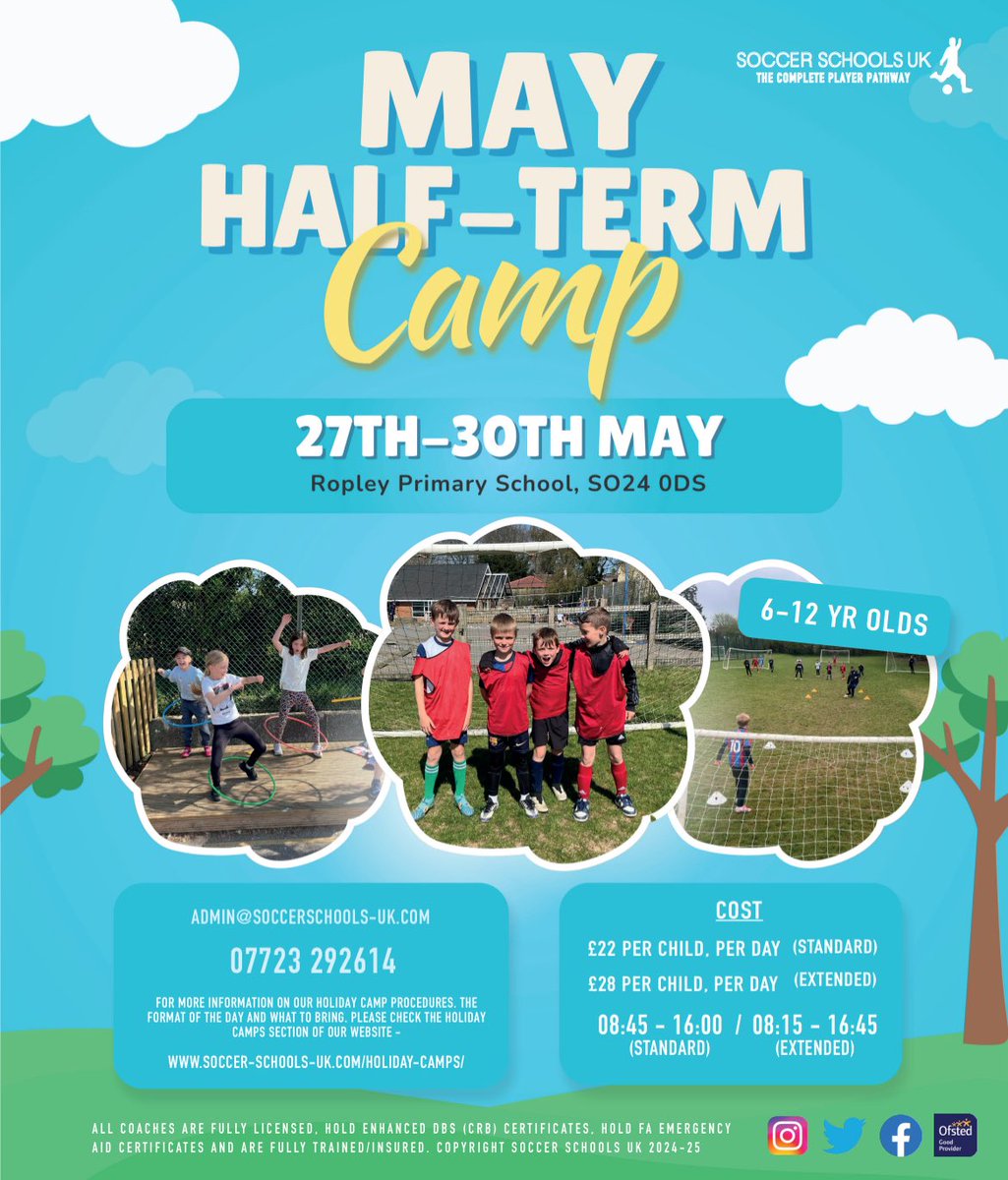 😄🤩 We are pleased to announce that bookings for our May Half Term Holiday Camps are now open🤩😃

Where our popular Football and Multi-Sports Camps, will be running! 👀⚽️🏓⛳️🏆

To book 👇 

📧 admin@soccerschools-uk.com
💻 soccerschools-uk.com/booking 
📞 07723292614