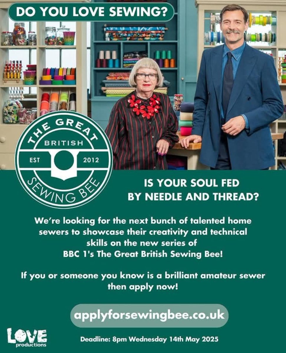 TotallyLeightonBuzzard (@totallylocal_lb) on Twitter photo Do you love sewing? π§΅πͺ‘ <a href="/sewingbee/">Sewing Bee</a> are looking for new group of talented home sewers to appear on the show. Why not give it a go and apply bbc.co.uk/showsandtours/β¦ or email applyforsewingbee@loveproductions.co.uk βοΈ Closing date for applications is 14 May 2025. Good luck ππ€ Do you love sewing? π§΅πͺ‘ <a href="/sewingbee/">Sewing Bee</a> are looking for new group of talented home sewers to appear on the show. Why not give it a go and apply bbc.co.uk/showsandtours/β¦ or email applyforsewingbee@loveproductions.co.uk βοΈ Closing date for applications is 14 May 2025. Good luck ππ€