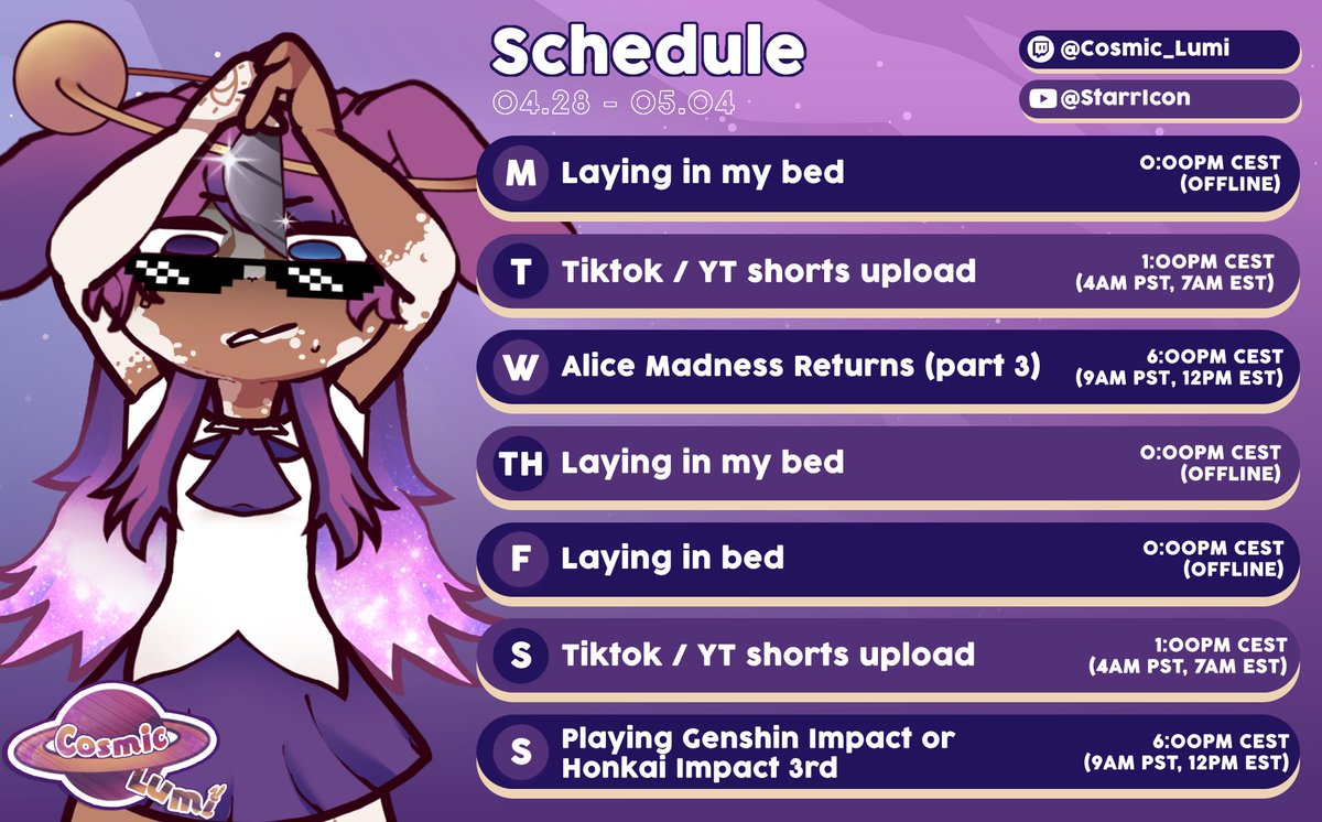 Cosmic_Lumi's tweet photo. another week another scheduel
(YES I AM LAZY AND IM GONNA DO THE SAME THINGS AGAIN😭)
#Vtuber #ENVtuber #streamer #scheduel https://t.co/hdtjd5TY4n