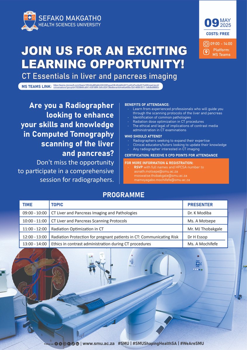 Are you a Radiographer looking to enhance your skills and knowledge in Computed Tomography scanning of the liver and pancreas? Don’t miss the opportunity to participate in a comprehensive session for Radiographers. See poster for details.
#SMUShapingHealthSA #WeAreSMU #WorkersDay