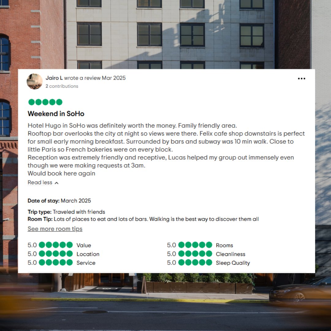Good vibes, great stays! 🎉 Thank you for the love and the amazing review. We’re all about making your NYC experience unforgettable! See you again soon at Hotel Hugo Soho. 💙🏙️ 

#GuestLove #HotelHugo #NYC #Soho #HotelStay