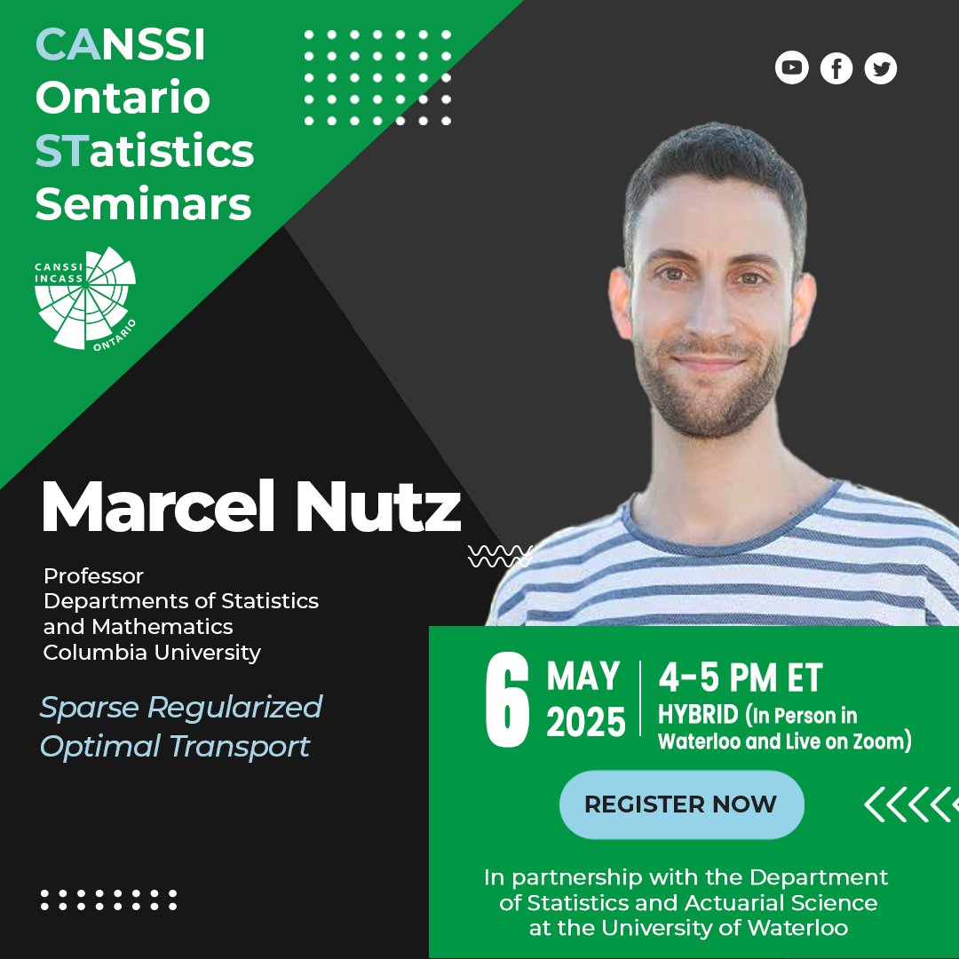 CANSSI Ontario (@canssiontario) on Twitter photo Join us for the #CAST talk with Dr. Marcel Nutz from <a href="/DataSciColumbia/">The Data Science Institute at Columbia University</a> on "Sparse Regularized Optimal Transport."
🗓️ May 6, 2025 | 4:00-5:00 pm ET | bit.ly/42xTCXh
🤝 Collaboration with the Department of Statistics and Actuarial Science <a href="/WaterlooMath/">Waterloo Mathematics</a> Join us for the #CAST talk with Dr. Marcel Nutz from <a href="/DataSciColumbia/">The Data Science Institute at Columbia University</a> on "Sparse Regularized Optimal Transport."
🗓️ May 6, 2025 | 4:00-5:00 pm ET | bit.ly/42xTCXh
🤝 Collaboration with the Department of Statistics and Actuarial Science <a href="/WaterlooMath/">Waterloo Mathematics</a>
