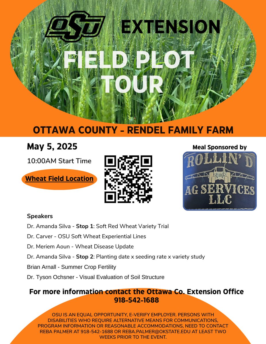 One week from today, our farm has the honor of hosting the OkState wheat field plot tour in Ottawa County. Lunch will be served in the farm shop after the plot tour is done. See the flyer for details &amp; plot location info. Plots are 1 mile S of Hwy 69A on S 592 Rd, Miami, OK