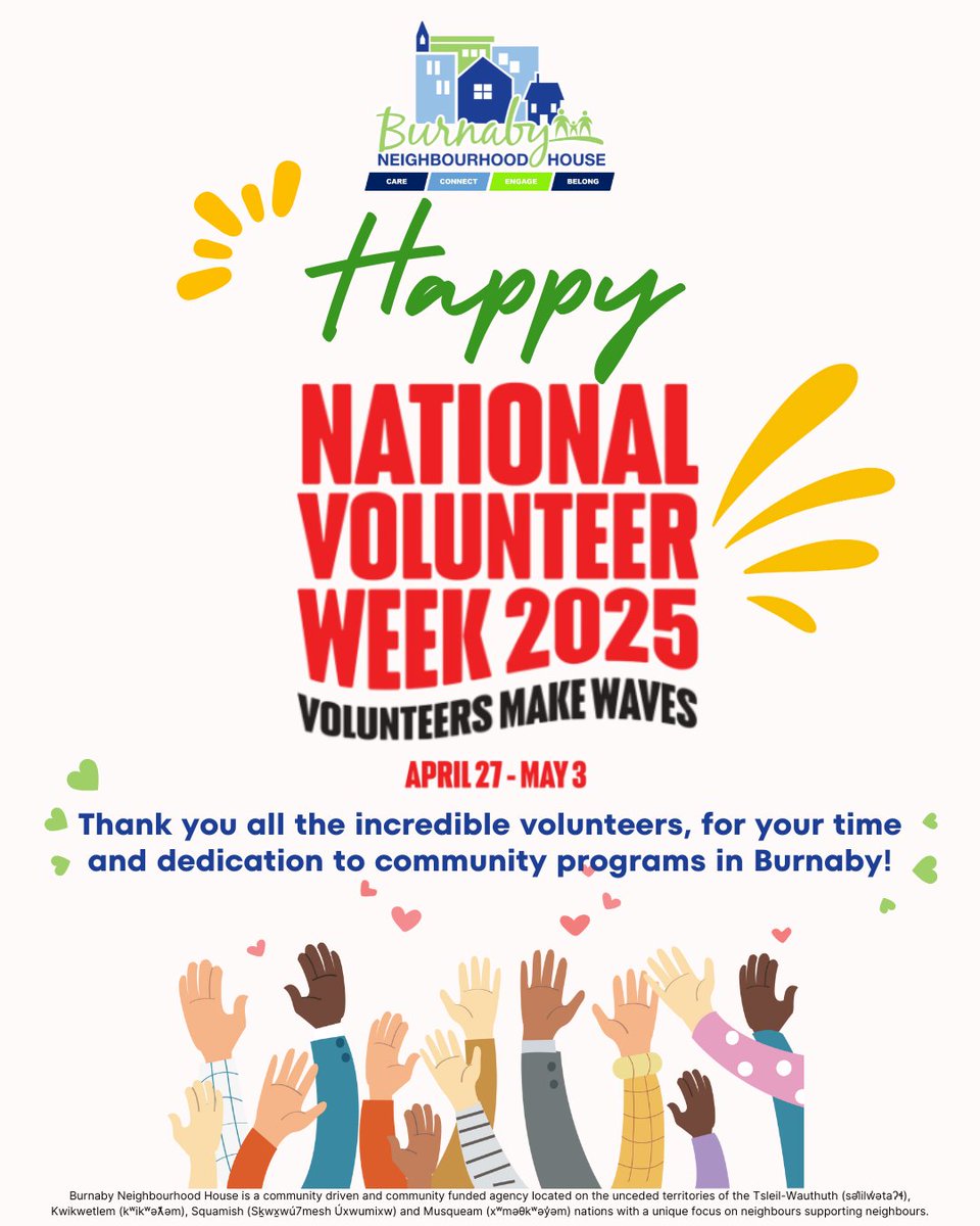 👏 It's National Volunteer Week! Across Canada, and right here in Burnaby, volunteers are making waves of positive change💪

🫶A massive THANK YOU to our amazing volunteers who bring heart, time, and dedication to our community programs every day. You truly make waves! 💙
 
#NVW