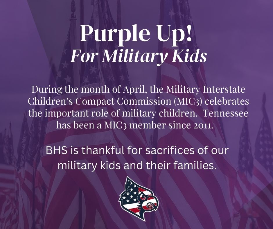 Brighton High School faculty and students will wear Purple on Tuesday, April 29 to honor our students who are from military families.