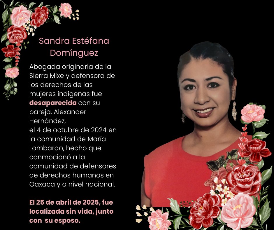GlorietaMujeres's tweet photo. El cuerpo de Sandra Domínguez y su esposo fueron localizados después de más de seis meses de angustia y exigencia de justicia; hoy a las 3 pm  el Komité Pëjy Tyotk  de familiares y amistades en Búsqueda de Sandra Domínguez dará conferencia de prensa en #OaxacaCentro https://t.co/abmUMEcwYz