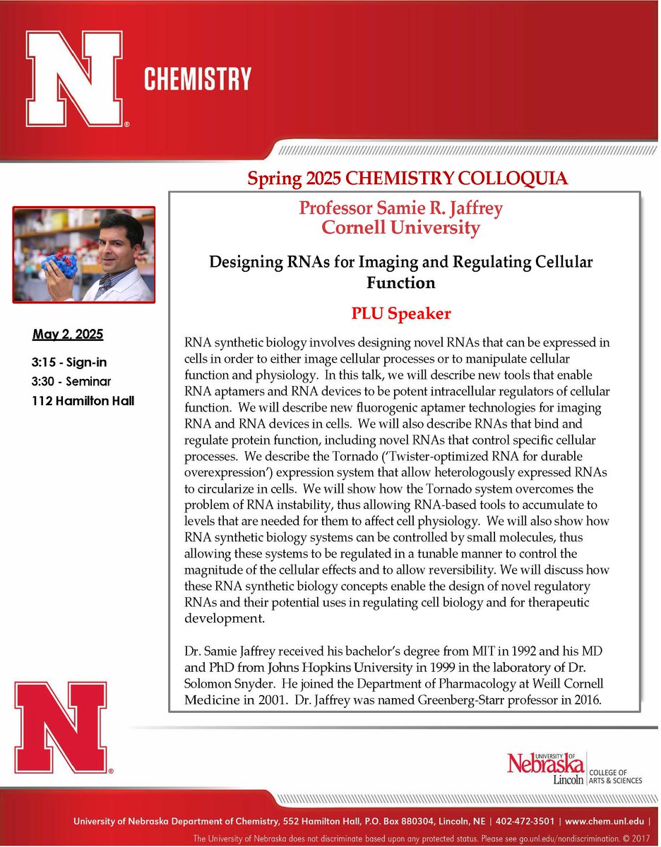 This Friday, May 2, we have Professor Samie R. Jaffrey joining us as our colloquium speaker from Cornell University. Seminar begins at 3:30pm in room 112 Hamilton Hall