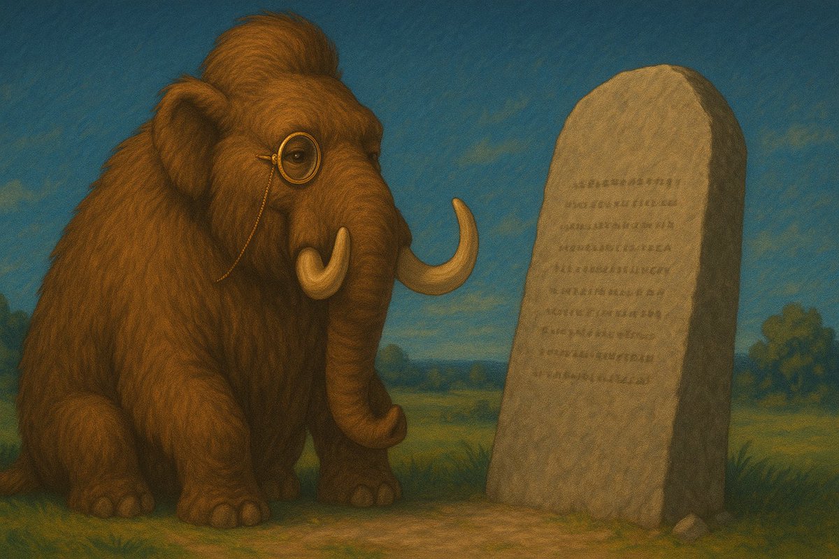 A mighty Mammoth is reading about how legendary and famous it will become in the future.