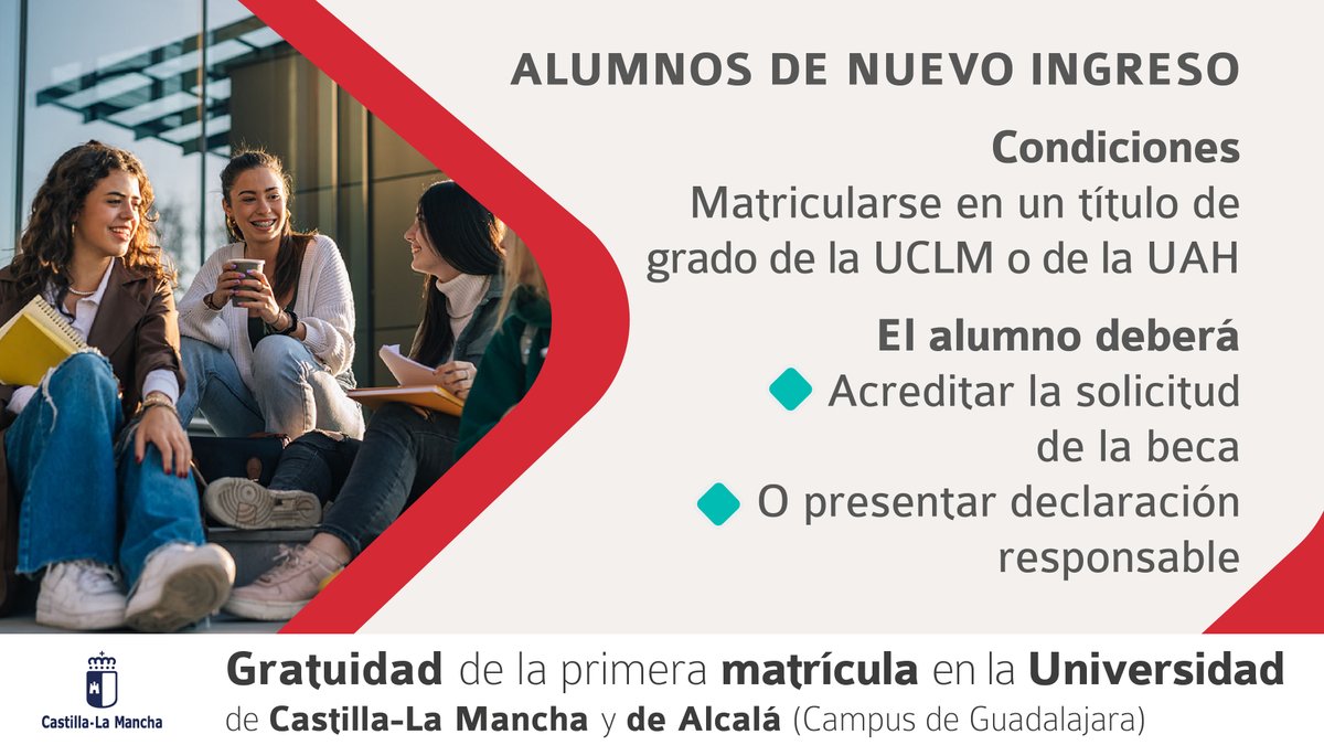 🎓 +5.000 alumnos tendrán gratis la 1ª matrícula universitaria en la <a href="/uclm_es/">Universidad de Castilla-La Mancha</a> y el campus de Guadalajara de la <a href="/UAHes/">Universidad Alcalá</a> 
📍 Castilla-La Mancha <a href="/gobjccm/">Gobierno de Castilla-La Mancha</a> invierte casi 5M € para apoyar el acceso a la #universidad. Curso 2025/2026.
🔗 spkl.io/6012fL11m