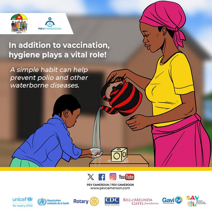 MenchaEmmanuel's tweet photo. Protect yourself and your community! ✋Vaccines prevent serious illness and regular handwashing stops the spread of germs. These three simple health measures have prevented much more diseases than we can imagine. #PolioGameOver25 #PEVcentre #centre #CoreTeamPolio1 #StopPolio237 https://t.co/lhKEmWFmDI