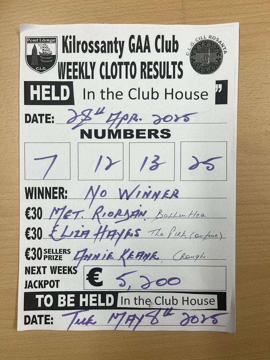 Lotto results sponsored by Kill Agri Kilrossanty