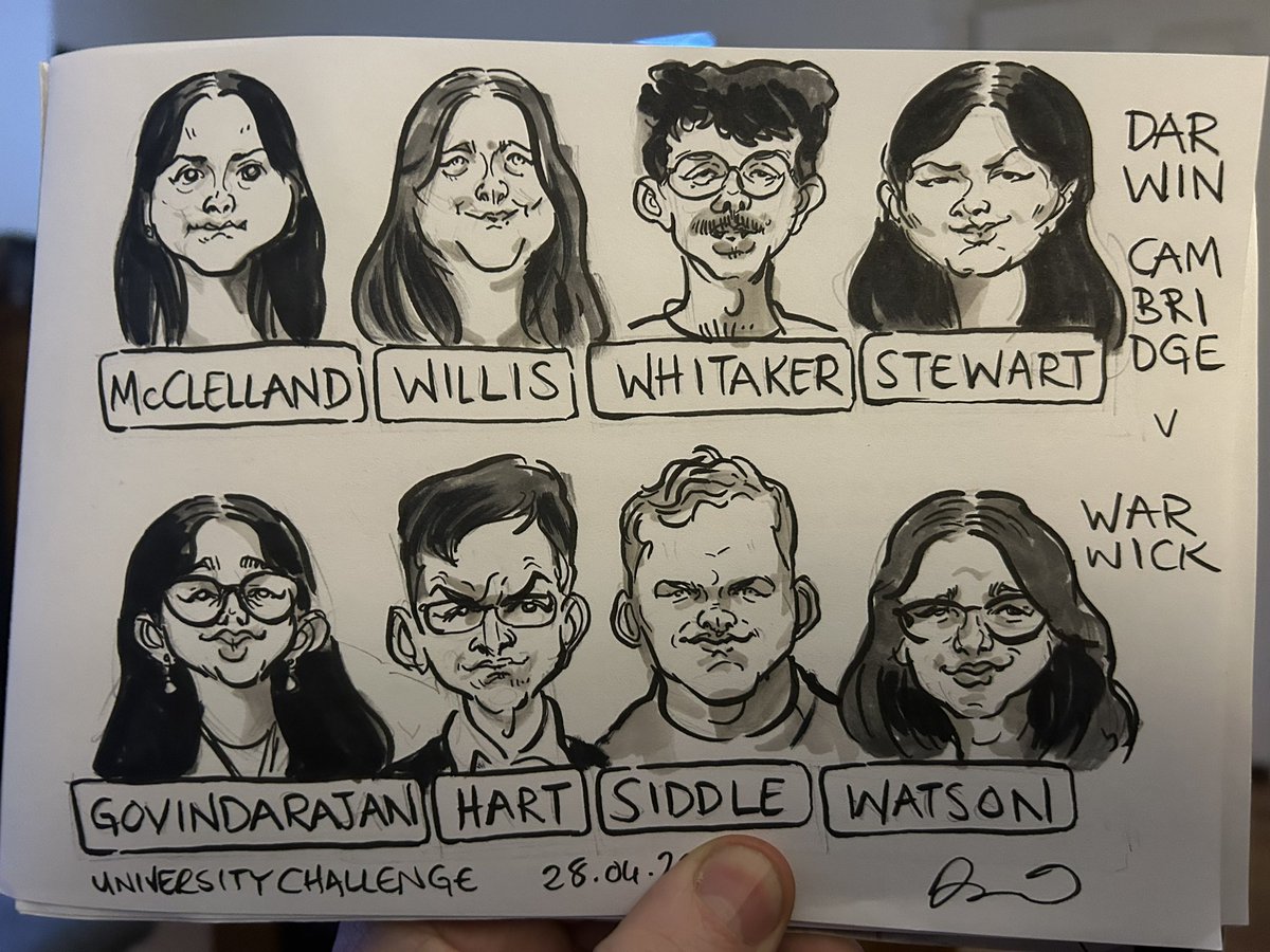 kavatarz's tweet photo. Another cracking (and super tight) #UniversityChallenge semi-final! Very well done @uniofwarwick on squeaking victory over #DarwinCambridge. It’s going to be an amazing final! #caricature #speeddrawing #livedrawing #quickonthedraw #quizzymonday https://t.co/mOAtVrMCHu