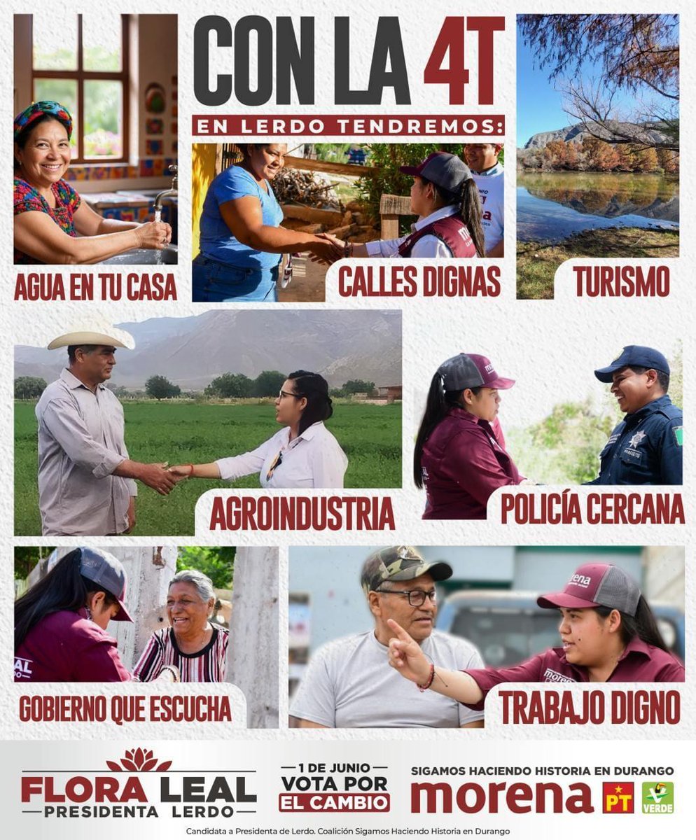 FloraLeal7's tweet photo. Con la llegada de un gobierno honesto de la 4T a Lerdo, vamos a lograr que nuestra gente tenga mejores servicios y más bienestar.

La 4T sabe gobernar, y lo hace muy bien.

🗳️ Este 1 de junio vota por Morena, vota por Flora Leal.
#FloraPresidenta #LealAlPueblo https://t.co/iH0MPV1Wt8