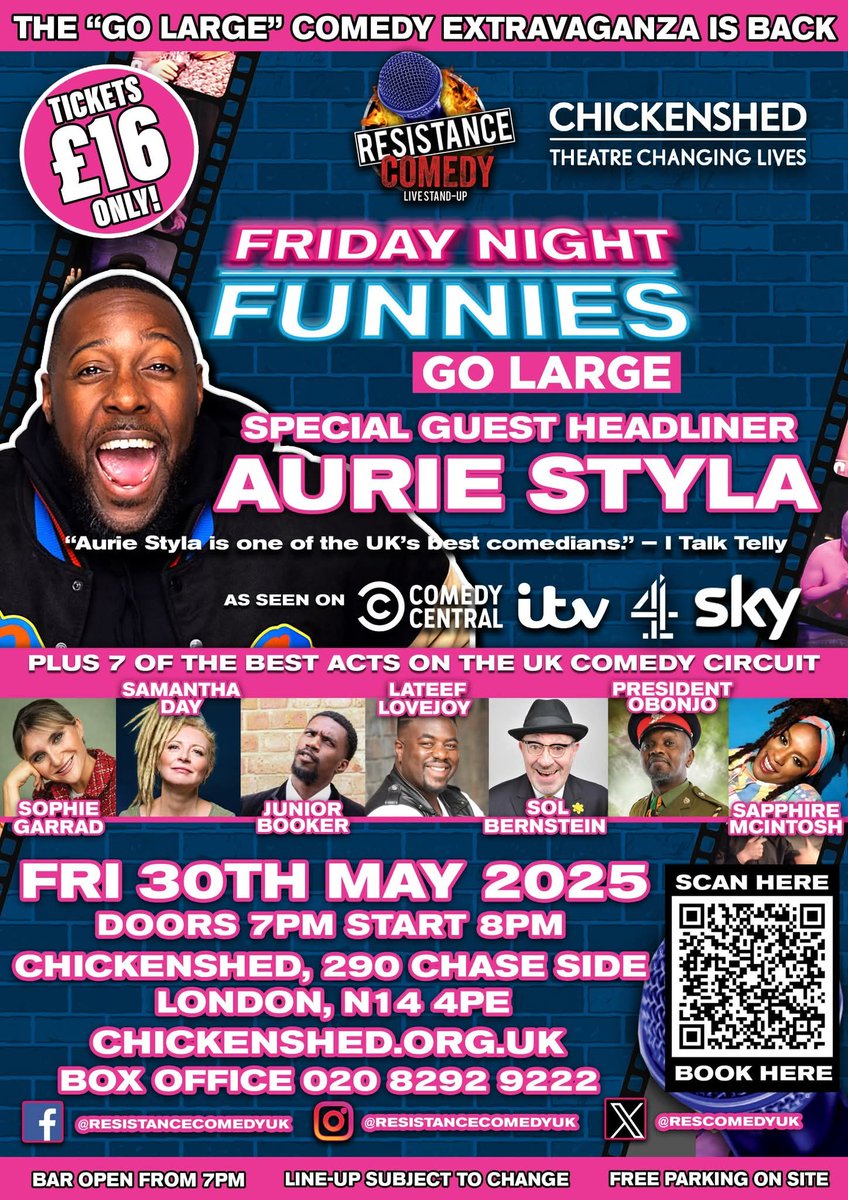 Friday Night Funnies GO LARGE 2025!
Fri 30 May | Chickenshed Theatre
Headliner: <a href="/AurieStyla/">Aurie Styla</a>  

🎟️ £16 → bit.ly/FNFMAY25
<a href="/Chickenshed_UK/">CHICKENSHED</a>

🎶 Pre-Show Party | Street Food |  After-Show Bash

#FridayNightFunnies #GoLarge #ComedyNight #LondonComedy #NorthLondon #LiveComedy
