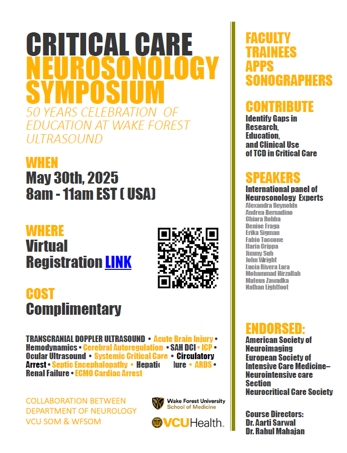 Aarti Sarwal, FNCS, FAAN, FCCM, RPNI, Professor (@aartisarwal) on Twitter photo Join us to learn past, present, future of #neuroultrasound in #CritcaremedCritical Care Neurosonology Symposium May 30, 8 AM EST
<a href="/UltrasoundWake/">Wake Forest Ultrasound</a>
50 yrs celebration collaboration w/'
<a href="/VCUNeuro/">VCU Neurology & Neurosurgery</a>
Link: vcuhealth.zoom.us/webinar/regist…
<a href="/asneuroimaging/">American Society of Neuroimaging</a> <a href="/ESICM/">ESICM</a> <a href="/WINFOCUS/">WINFOCUS WORLD</a> <a href="/neurocritical/">Neurocritical Care Society</a> Join us to learn past, present, future of #neuroultrasound in #CritcaremedCritical Care Neurosonology Symposium May 30, 8 AM EST
<a href="/UltrasoundWake/">Wake Forest Ultrasound</a>
50 yrs celebration collaboration w/'
<a href="/VCUNeuro/">VCU Neurology & Neurosurgery</a>
Link: vcuhealth.zoom.us/webinar/regist…
<a href="/asneuroimaging/">American Society of Neuroimaging</a> <a href="/ESICM/">ESICM</a> <a href="/WINFOCUS/">WINFOCUS WORLD</a> <a href="/neurocritical/">Neurocritical Care Society</a>