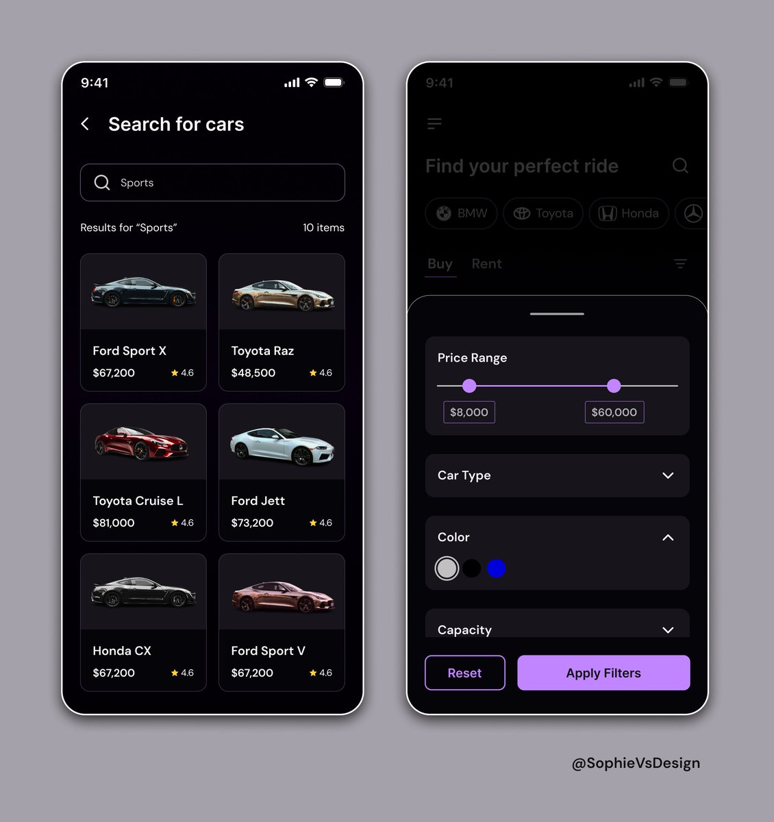 SophieVsDesign's tweet photo. It's day 6 of #DesignInProgress #DIP01 🚀
Search and filter experience
Been making some colour tweaks. I think I'm getting a better hang of this dark mode thing 😅 https://t.co/879DemrdlZ