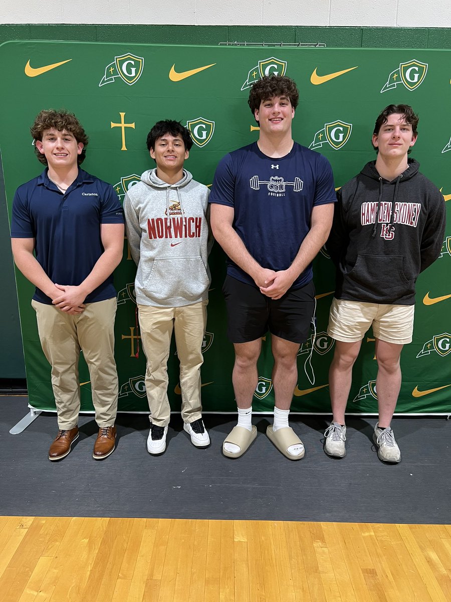 And that’s a wrap! Congrats to the last of our 2026 🏈 signees! From Left to Right

Chris Shelton - Carleton
Alex Valdivia - Norwich
Jack Sheehan - Old Dominion
Jack Schneider - Hampton/Sydney

The 2026 class at Cardinal Gibbons produced 9 NCAA college football players!!! 👊✊🙏