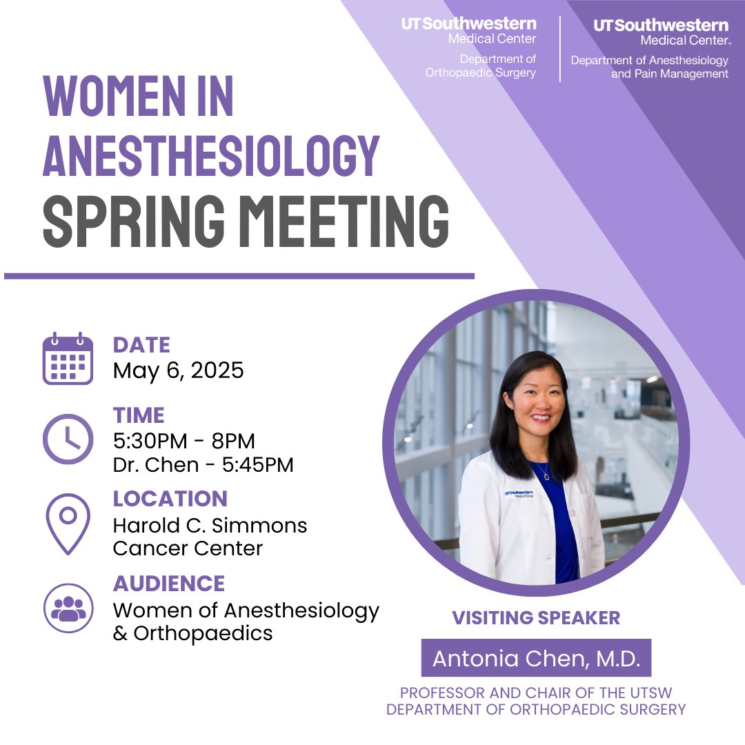 UTSW Orthopaedic Surgery (@utswortho) on Twitter photo One week away from WIA Spring Event next Tuesday, May 6th. Join us and <a href="/UTSW_Anesthesia/">UTSW Anesthesiology</a> for an evening featuring <a href="/DrAntoniaChen/">Antonia Chen</a>, #UTSWOrtho Professor & Chair.
This event will connect others and celebrate the women in #anesthesiology and #orthopaedics.
<a href="/UTSWMedCenter/">UT Southwestern Medical Center</a> One week away from WIA Spring Event next Tuesday, May 6th. Join us and <a href="/UTSW_Anesthesia/">UTSW Anesthesiology</a> for an evening featuring <a href="/DrAntoniaChen/">Antonia Chen</a>, #UTSWOrtho Professor & Chair.
This event will connect others and celebrate the women in #anesthesiology and #orthopaedics.
<a href="/UTSWMedCenter/">UT Southwestern Medical Center</a>