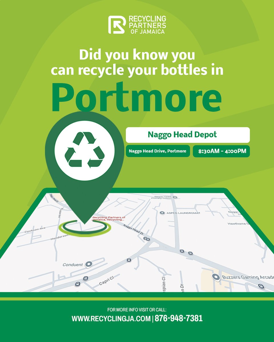 RecyclingJA's tweet photo. Portmore residents, we’ve got you covered! ♻️ Bring your clean plastic bottles to the Naggo Head Depot and let’s turn waste into opportunity. Together, we’re #PuttingPlasticInItsPlace.
#RPJDropOff #RecycleInJA #SustainablePortmore https://t.co/4oHV0cVpSx