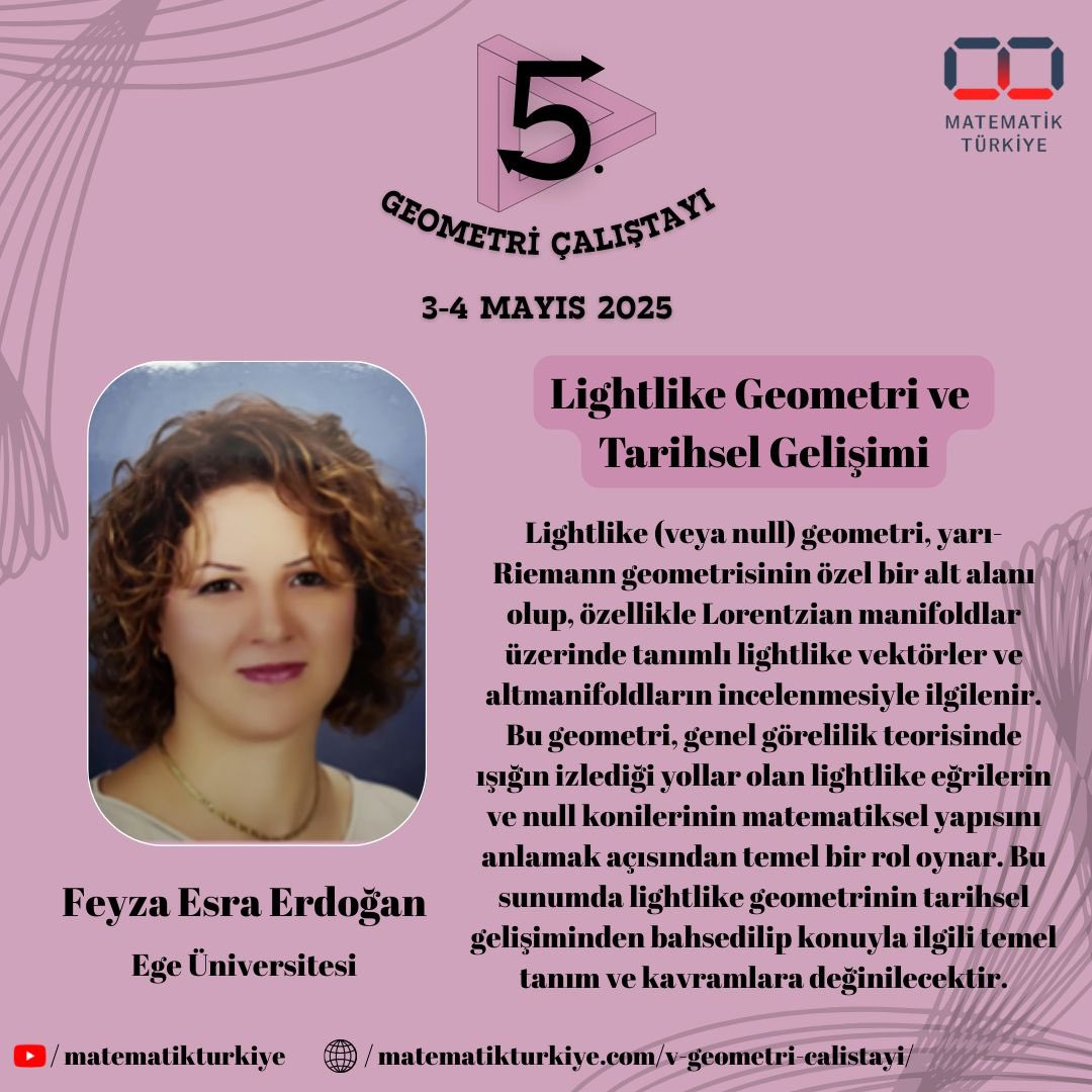 Feyza Esra Erdoğan hocamızın “Lightlike Geometri ve Tarihsel Gelişimi” başlıklı konuşmasının detaylarına görselden ulaşabilirsiniz.😊

#tmk #akademiktmk #türkiyematematikkulübü #matematik #geometri #geometry #math