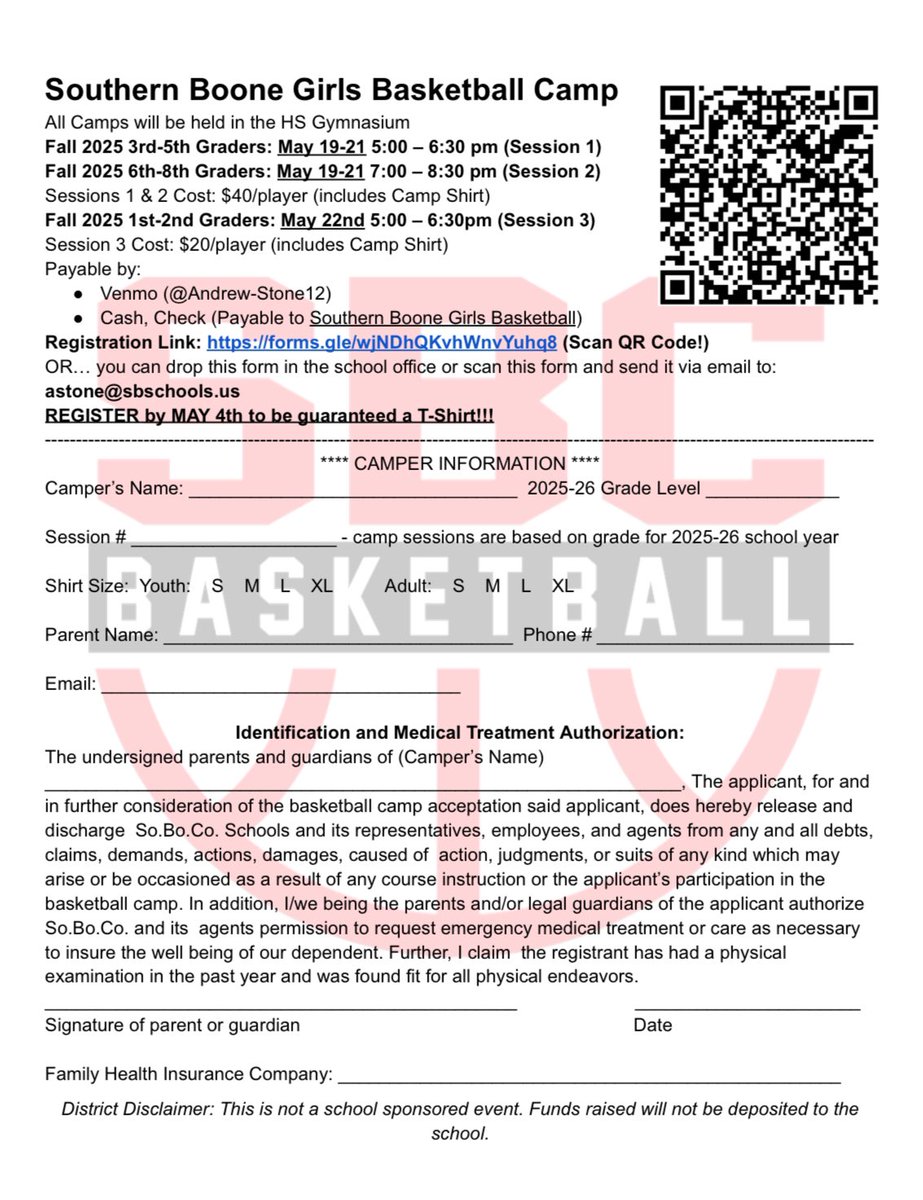 🏀✨ Registration is now open for the Southern Boone Girls Basketball Camp!

📅 Camp Dates:
May 19–21 (3rd–5th graders, 5:00–6:30 PM)
May 19–21 (6th–8th graders, 7:00–8:30 PM)
May 22 (1st–2nd graders, 5:00–6:30 PM)