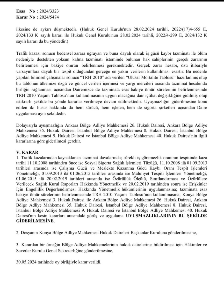 Trafik kazalarından kaynaklanan tazminat davalarında maluliyet tespiti ve tazminat hesaplamalarında uygulanacak mevzuat ve bakiye ömür hesabında esas alınacak yaşam tablosuna ilişkin BAM Uyuşmazlığın Giderilmesi Kararı⬇️
(Yarg. 4.HD. 2024/3323 E. 5474 K. 30.5.2024)