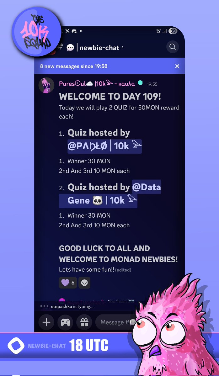 The 10k Squad (@the10ksquad) on Twitter photo Day 109 of The 10k Squad taking over Monad's newbie chat. Special shout-out to: <a href="/data_gene/">Data Gene🐼 | 10k 𓅪</a> and <a href="/Sobanh21/">PΛϦŁØ│10k 𓅪</a> .
So much fun today in Newbies chat.💜
Every day, at 11:00 UTC and 18:00 UTC we will be in #newbie-chat of <a href="/monad_xyz/">Monad ⨀</a> discord to welcome Monad newcomers and bring the vibe. Day 109 of The 10k Squad taking over Monad's newbie chat. Special shout-out to: <a href="/data_gene/">Data Gene🐼 | 10k 𓅪</a> and <a href="/Sobanh21/">PΛϦŁØ│10k 𓅪</a> .
So much fun today in Newbies chat.💜
Every day, at 11:00 UTC and 18:00 UTC we will be in #newbie-chat of <a href="/monad_xyz/">Monad ⨀</a> discord to welcome Monad newcomers and bring the vibe.