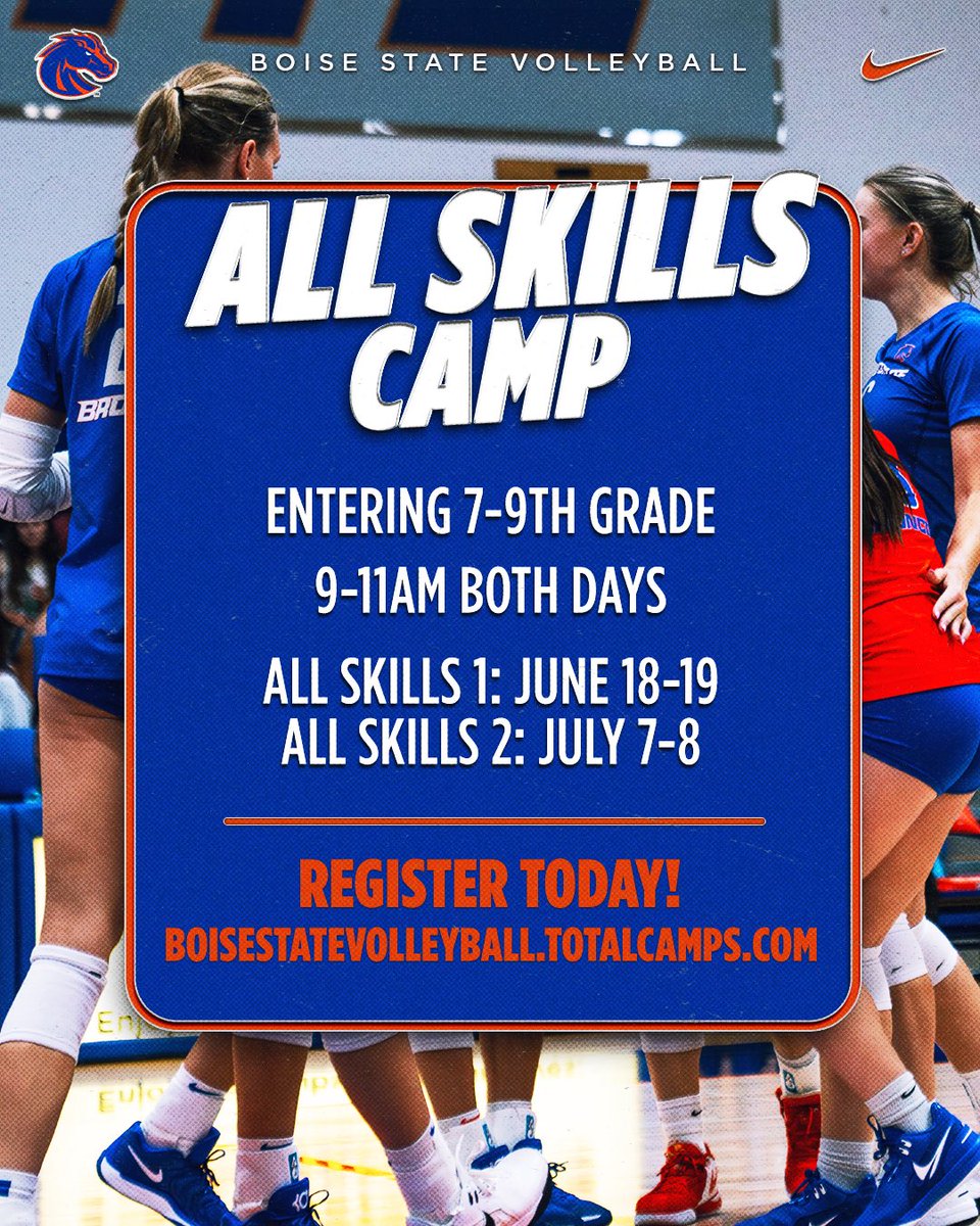 BroncoSportsVB's tweet image. 𝘼𝙇𝙇 𝙎𝙆𝙄𝙇𝙇𝙎 𝘾𝘼𝙈𝙋 for students entering 7-9th grade!🤩
🔗 boisestatevolleyball.totalcamps.com/shop/EVENT
#BleedBlue | #WhatsNext