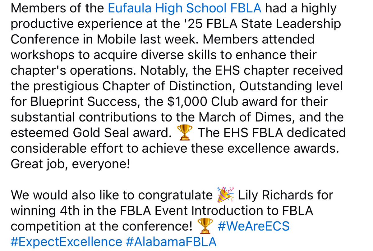 Members of the Eufaula High School FBLA had a highly productive experience at the '25 FBLA State Leadership Conference in Mobile last week. Members attended workshops to acquire diverse skills to enhance their chapter's operations.

#WeAreECS #ExpectExcellence #AlabamaFBLA