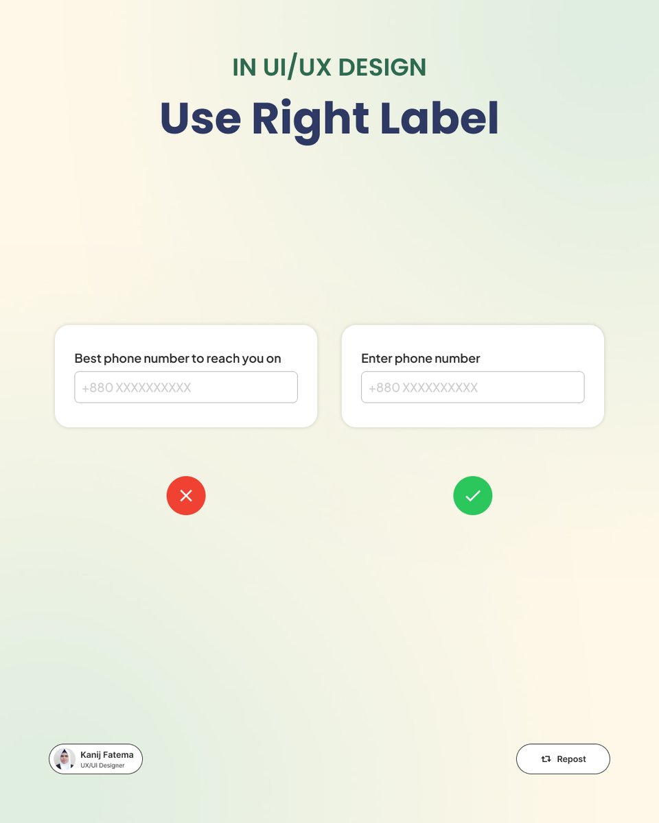 kanij88309's tweet image. 🚨 UI/UX Tip: Make Label Right 🎯
Right-aligned labels can improve scanability—especially in tight or multi-column forms.
Looks unconventional, but works when done right.
Design with purpose.
#UXDesign #UIDesign #FormDesign #DesignTips #UIUX