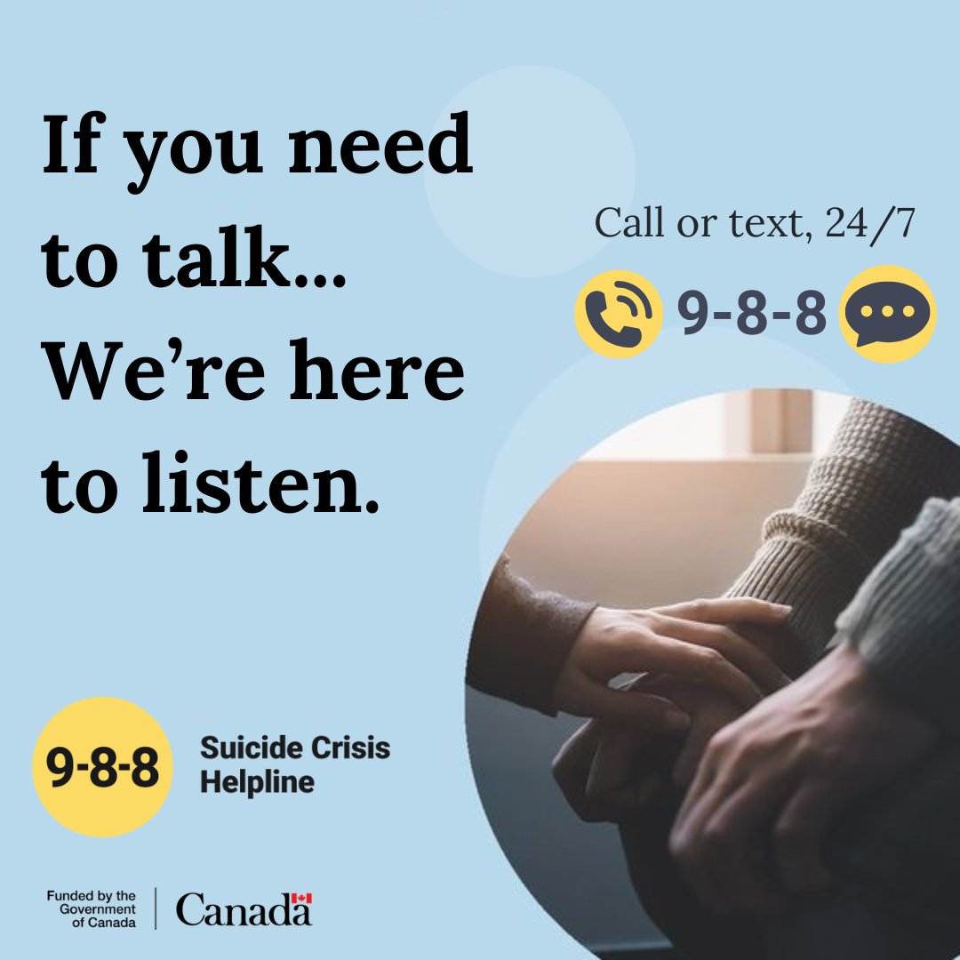 Our hearts go out to everyone impacted by the tragic events that took place in Vancouver over the weekend. If you need to talk, you can call or text 9-8-8 anytime - our responders will be there to listen and support you. #988Canada