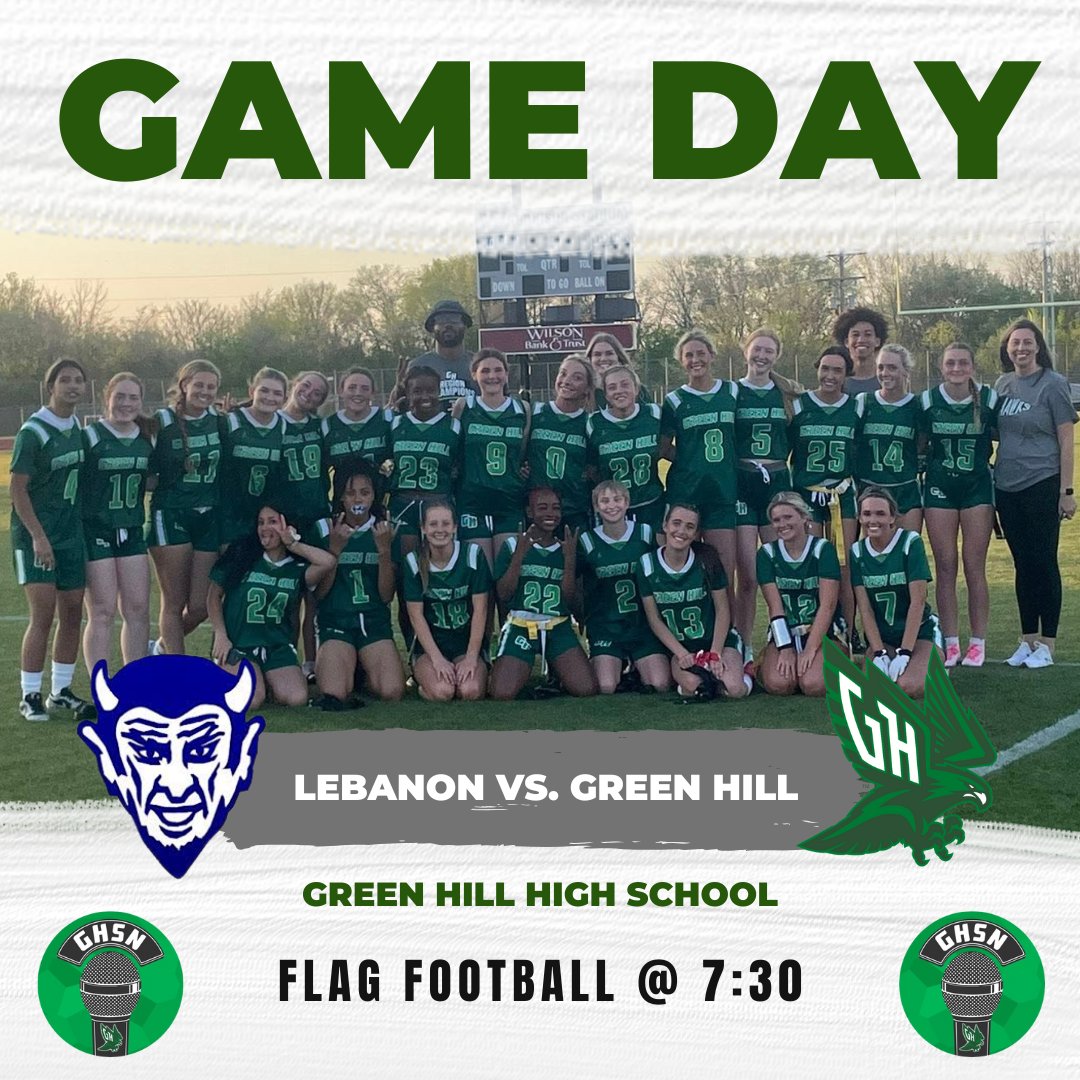 Green Hill Sports Network (@ghsportsnetwork) on Twitter photo Here's information about tonight's <a href="/GreenHill_Hawks/">Green Hill Football</a> Flag Football broadcast:
📍Green Hill High School
🆚Lebanon Blue Devils
⏰7:30 PM CT
🔗webca.st/264698 Here's information about tonight's <a href="/GreenHill_Hawks/">Green Hill Football</a> Flag Football broadcast:
📍Green Hill High School
🆚Lebanon Blue Devils
⏰7:30 PM CT
🔗webca.st/264698
