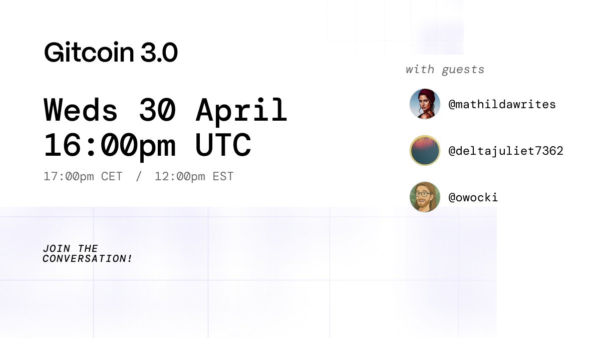 We're going live this Wednesday with <a href="/mathildawrites/">MathildaDV.Ξth (🍄;🌙)</a>, <a href="/deltajuliet7362/">deltajuliet.Ξth</a> and <a href="/owocki/">Kev.Ξth brewin’ GG24 🍲✨</a> to talk about what's next for Gitcoin.

Join us to learn about the vision for Gitcoin 3.0.

Reminders 👇