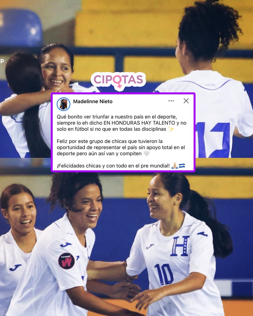 cipotashonduras's tweet photo. ⚽️👏 Palabras que inspiran…

La arquera de la Selección Mayor de Honduras, Madelinne Nieto, celebra la histórica clasificación de nuestras cipotas de Futsala al Premundial de Concacaf.

#porlascipotas #cipotashonduras #futsala https://t.co/Xj16lIGCmN