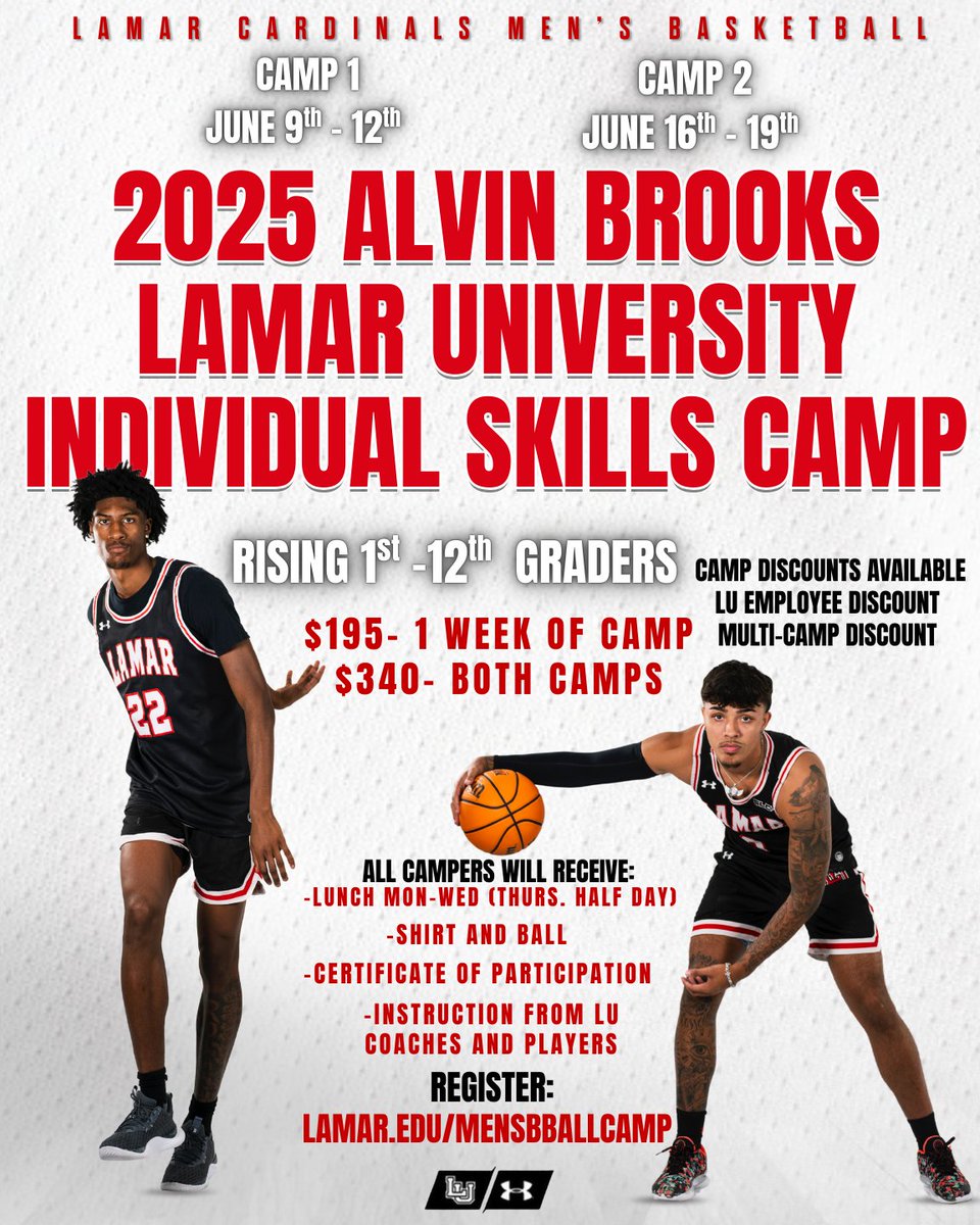 Lamar Men's Basketball (@lamarmbb) on Twitter photo 🚨
Camp season is coming up, and we will start June 9th! Registration is now open! Use link on flyer to register
Any further questions, contact
De’Andre Miller - Director of Basketball Operations : dmiller49@lamar.edu
Or Ethan Quinn - Assistant Coach
Equinn@lamar.edu 🚨
Camp season is coming up, and we will start June 9th! Registration is now open! Use link on flyer to register
Any further questions, contact
De’Andre Miller - Director of Basketball Operations : dmiller49@lamar.edu
Or Ethan Quinn - Assistant Coach
Equinn@lamar.edu
